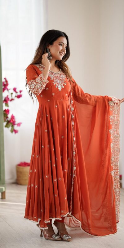 Orange Blooming Faux Embroidery Work Gown | Lehenga, Bollywood Lehenga, Creative Lehenga, Designer Lehenga, Embroidered Lehenga, Party Wear Lehenga