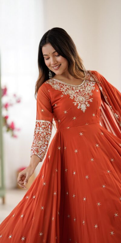 Orange Blooming Faux Embroidery Work Gown | Lehenga, Bollywood Lehenga, Creative Lehenga, Designer Lehenga, Embroidered Lehenga, Party Wear Lehenga