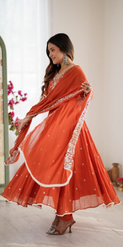 Orange Blooming Faux Embroidery Work Gown | Lehenga, Bollywood Lehenga, Creative Lehenga, Designer Lehenga, Embroidered Lehenga, Party Wear Lehenga