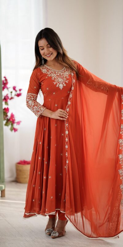 Orange Blooming Faux Embroidery Work Gown | Lehenga, Bollywood Lehenga, Creative Lehenga, Designer Lehenga, Embroidered Lehenga, Party Wear Lehenga