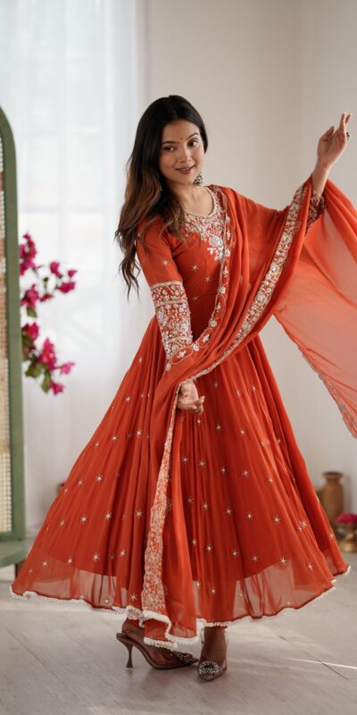 Orange Blooming Faux Embroidery Work Gown | Lehenga, Bollywood Lehenga, Creative Lehenga, Designer Lehenga, Embroidered Lehenga, Party Wear Lehenga