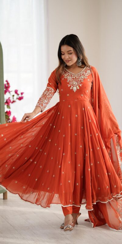 Orange Blooming Faux Embroidery Work Gown | Lehenga, Bollywood Lehenga, Creative Lehenga, Designer Lehenga, Embroidered Lehenga, Party Wear Lehenga