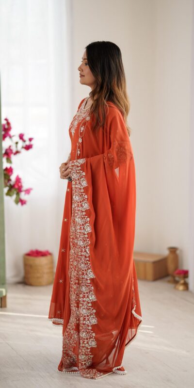 Orange Blooming Faux Embroidery Work Gown | Lehenga, Bollywood Lehenga, Creative Lehenga, Designer Lehenga, Embroidered Lehenga, Party Wear Lehenga