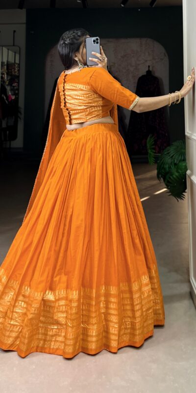Orange Chanderi Plain With Zari Weaving Work Border Lehenga Choli | Lehenga, Bollywood Lehenga, Creative Lehenga, Designer Lehenga, Embroidered Lehenga, Party Wear Lehenga