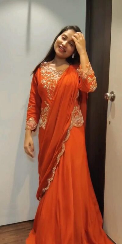 Orange Chinon Mirror Embroidery Work Lehenga Choli | Lehenga, Bollywood Lehenga, Creative Lehenga, Designer Lehenga, Embroidered Lehenga, Party Wear Lehenga