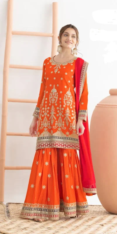 Orange Chinon Sequence Mirror Work Salwar Suit | Jump Suits, Salwar suit, Casual Suits, Creative suits, Designer Suits, Palazzo Suits, Party Wear Suits, Patiala Suits, Straight Suits
