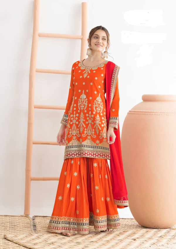 Orange Chinon Sequence Mirror Work Salwar Suit | Jump Suits, Salwar suit, Casual Suits, Creative suits, Designer Suits, Palazzo Suits, Party Wear Suits, Patiala Suits, Straight Suits