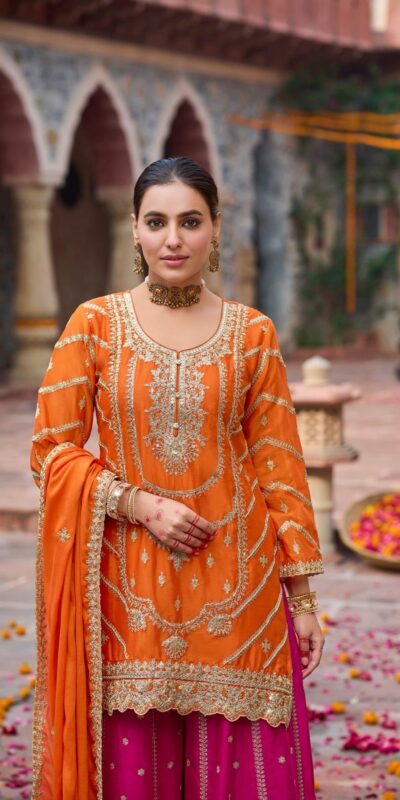 Orange Chinon Silk Lace Work Salwar Suit | Jump Suits, Salwar suit, Casual Suits, Creative suits, Designer Suits, Palazzo Suits, Party Wear Suits, Patiala Suits, Straight Suits