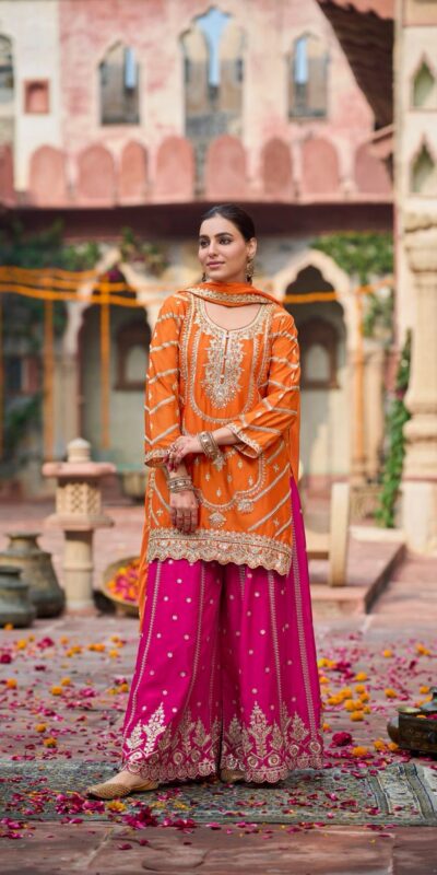 Orange Chinon Silk Lace Work Salwar Suit | Jump Suits, Salwar suit, Casual Suits, Creative suits, Designer Suits, Palazzo Suits, Party Wear Suits, Patiala Suits, Straight Suits