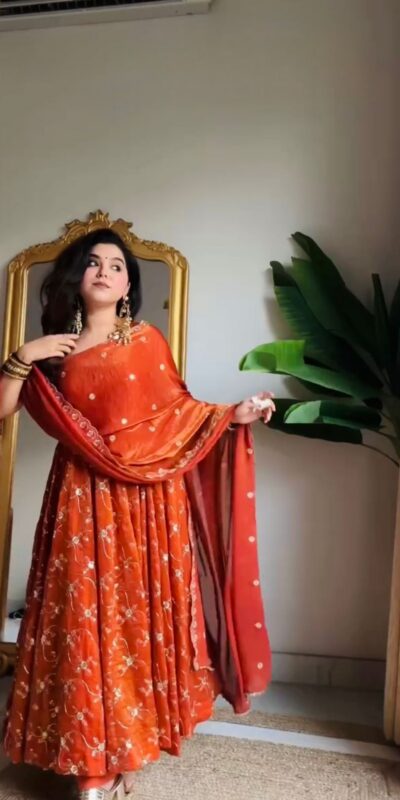Orange Fandy Silk Sequence Work Salwar Suit | Jump Suits, Salwar suit, Casual Suits, Creative suits, Designer Suits, Palazzo Suits, Party Wear Suits, Patiala Suits, Straight Suits