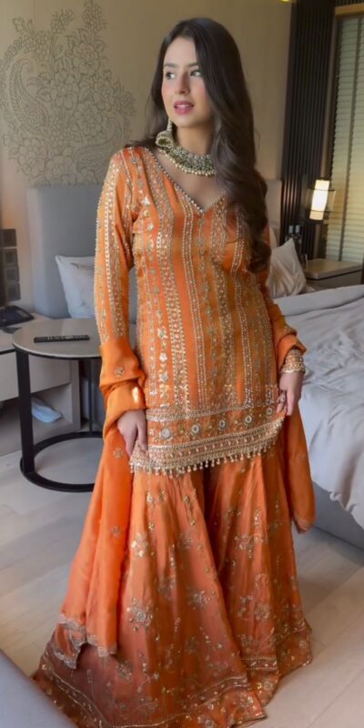 Orange Faux Georgette With Lace Work Salwar Suit | Jump Suits, Tops & Bottoms, Track Suits, Salwar suit, Casual Suits, Creative suits, Designer Suits, Palazzo Suits, Party Wear Suits, Patiala Suits, Straight Suits, Trendy Wear