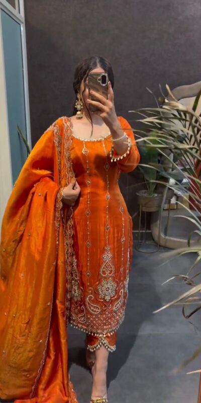 Orange Fendy Silk Thread Work Salwar Suit | Jump Suits, Salwar suit, Casual Suits, Creative suits, Designer Suits, Palazzo Suits, Party Wear Suits, Patiala Suits, Straight Suits
