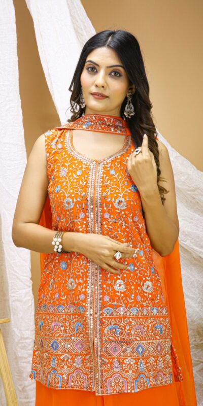 Orange Georgette Embroidery Work Salwar Suit | Jump Suits, Salwar suit, Casual Suits, Creative suits, Designer Suits, Palazzo Suits, Party Wear Suits, Patiala Suits, Straight Suits