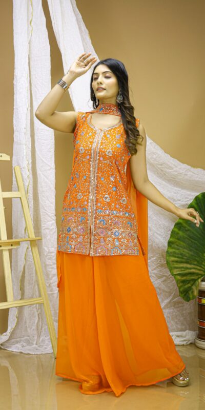 Orange Georgette Embroidery Work Salwar Suit | Jump Suits, Salwar suit, Casual Suits, Creative suits, Designer Suits, Palazzo Suits, Party Wear Suits, Patiala Suits, Straight Suits