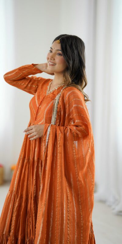 Orange Mal Chanderi Mirror Lace Work Gown | Gowns, Bollywood Gowns, Creative Gowns, Designer Gowns, Embroidered Gowns, Party Wear Gowns