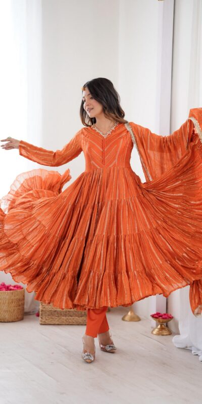 Orange Mal Chanderi Mirror Lace Work Gown | Gowns, Bollywood Gowns, Creative Gowns, Designer Gowns, Embroidered Gowns, Party Wear Gowns