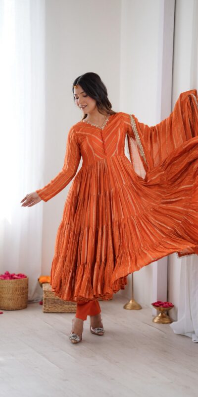 Orange Mal Chanderi Mirror Lace Work Gown | Gowns, Bollywood Gowns, Creative Gowns, Designer Gowns, Embroidered Gowns, Party Wear Gowns