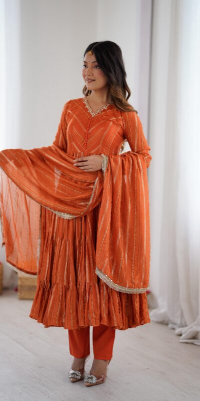 Orange Mal Chanderi Mirror Lace Work Gown | Gowns, Bollywood Gowns, Creative Gowns, Designer Gowns, Embroidered Gowns, Party Wear Gowns