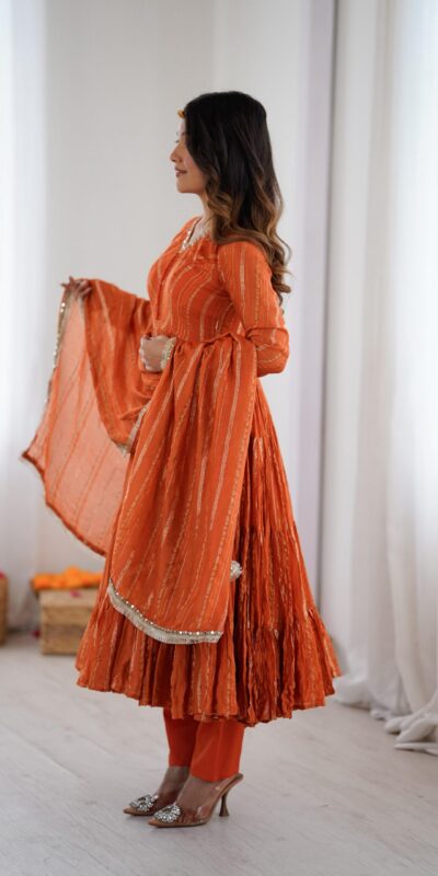 Orange Mal Chanderi Mirror Lace Work Gown | Gowns, Bollywood Gowns, Creative Gowns, Designer Gowns, Embroidered Gowns, Party Wear Gowns