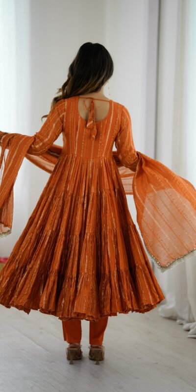 Orange Mal Chanderi Mirror Lace Work Gown | Gowns, Bollywood Gowns, Creative Gowns, Designer Gowns, Embroidered Gowns, Party Wear Gowns