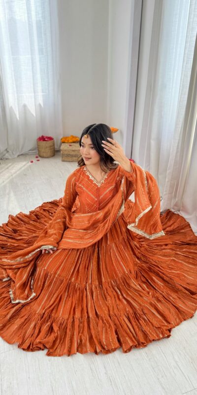 Orange Mal Chanderi Mirror Lace Work Gown | Gowns, Bollywood Gowns, Creative Gowns, Designer Gowns, Embroidered Gowns, Party Wear Gowns
