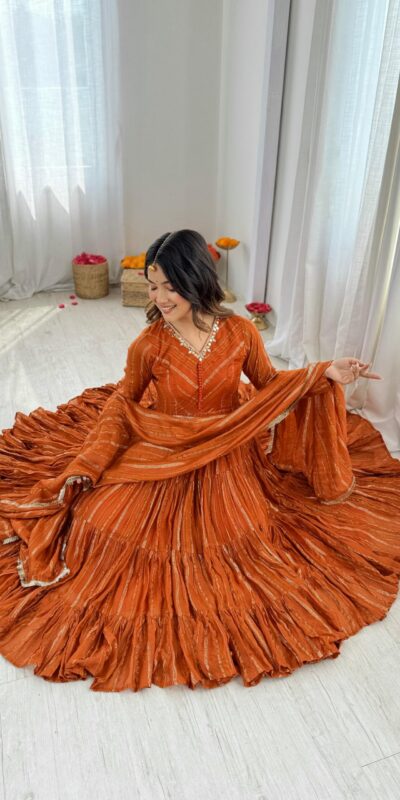 Orange Mal Chanderi Mirror Lace Work Gown | Gowns, Bollywood Gowns, Creative Gowns, Designer Gowns, Embroidered Gowns, Party Wear Gowns