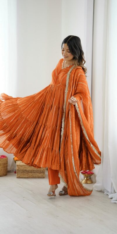 Orange Mal Chanderi Mirror Lace Work Gown | Gowns, Bollywood Gowns, Creative Gowns, Designer Gowns, Embroidered Gowns, Party Wear Gowns