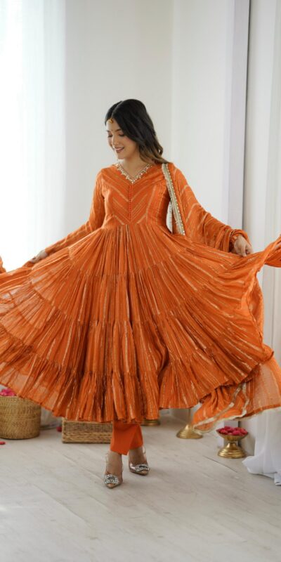 Orange Mal Chanderi Mirror Lace Work Gown | Gowns, Bollywood Gowns, Creative Gowns, Designer Gowns, Embroidered Gowns, Party Wear Gowns