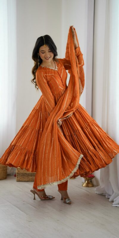 Orange Mal Chanderi Mirror Lace Work Gown | Gowns, Bollywood Gowns, Creative Gowns, Designer Gowns, Embroidered Gowns, Party Wear Gowns