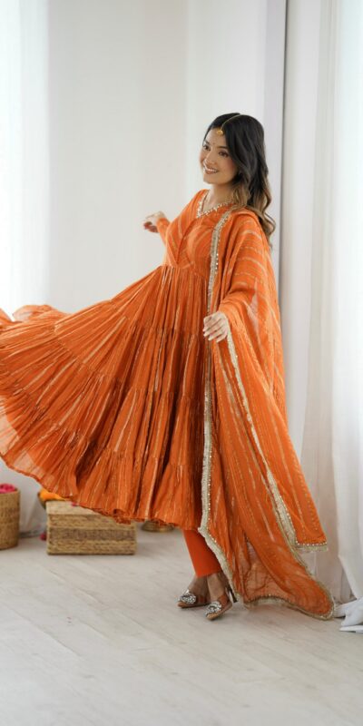 Orange Mal Chanderi Mirror Lace Work Gown | Gowns, Bollywood Gowns, Creative Gowns, Designer Gowns, Embroidered Gowns, Party Wear Gowns