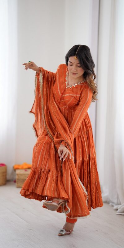Orange Mal Chanderi Mirror Lace Work Gown | Gowns, Bollywood Gowns, Creative Gowns, Designer Gowns, Embroidered Gowns, Party Wear Gowns