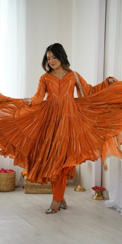 Orange Mal Chanderi Mirror Lace Work Gown | Gowns, Bollywood Gowns, Creative Gowns, Designer Gowns, Embroidered Gowns, Party Wear Gowns