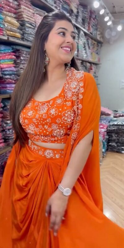 Orange Satin Silk Thread With Sequence Dhoti Suit | Jump Suits, Salwar suit, Casual Suits, Creative suits, Designer Suits, Palazzo Suits, Party Wear Suits, Patiala Suits, Straight Suits