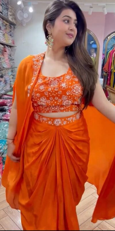 Orange Satin Silk Thread With Sequence Dhoti Suit | Jump Suits, Salwar suit, Casual Suits, Creative suits, Designer Suits, Palazzo Suits, Party Wear Suits, Patiala Suits, Straight Suits