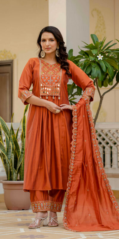 Orange Viscose Roman Silk Mirror Work Anarkali Suit | Anarkali Suits, Bollywood Anarkali, Creative-Anarkali, Designer Anarkali, Embroidered Anarkali, Party Wear Anarkali