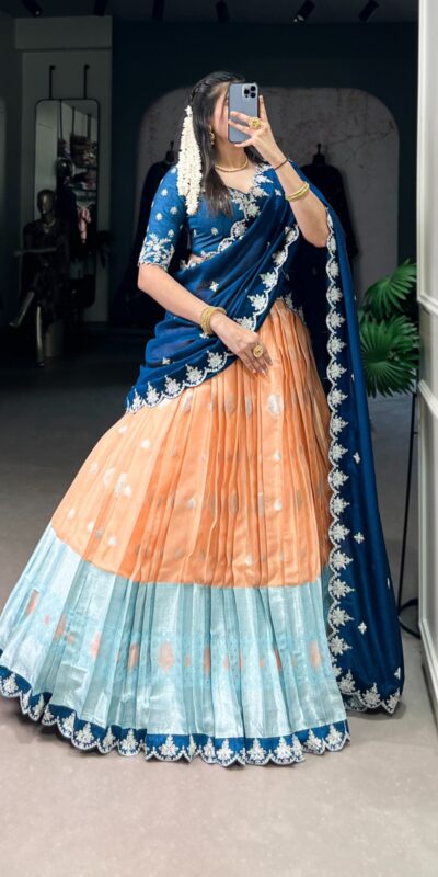 Orange Zari Kota Thread Lehenga Choli | Lehenga, Bollywood Lehenga, Creative Lehenga, Designer Lehenga, Embroidered Lehenga, Party Wear Lehenga
