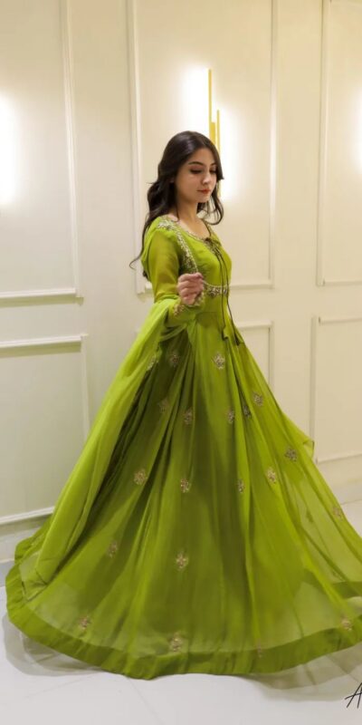 Parrot Green Georgette Embroidery Work Gown | Gowns, Bollywood Gowns, Creative Gowns, Designer Gowns, Embroidered Gowns, Party Wear Gowns