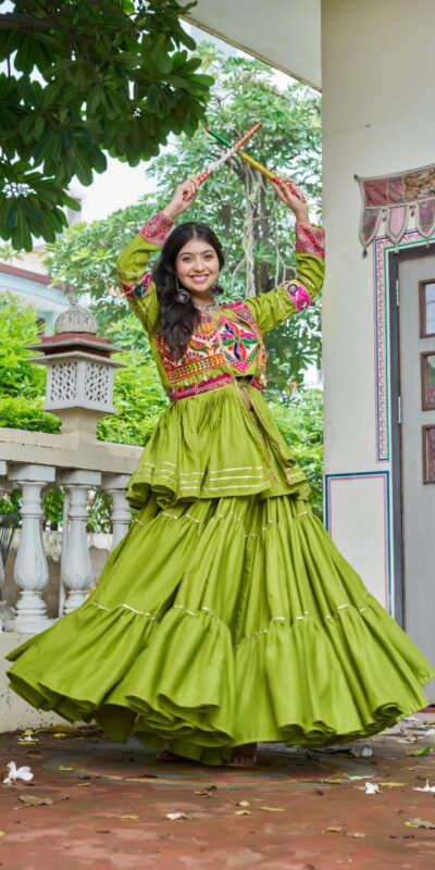 Parrot Green Pure Cotton Mirror Gamthi Work Lehenga Choli | Lehenga, Bollywood Lehenga, Creative Lehenga, Designer Lehenga, Embroidered Lehenga, Party Wear Lehenga