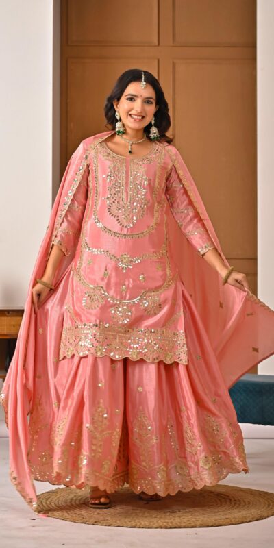 Peach Chinon Silk Embroider Lace Work Salwar Suit | Jump Suits, Salwar suit, Casual Suits, Creative suits, Designer Suits, Palazzo Suits, Party Wear Suits, Patiala Suits, Straight Suits