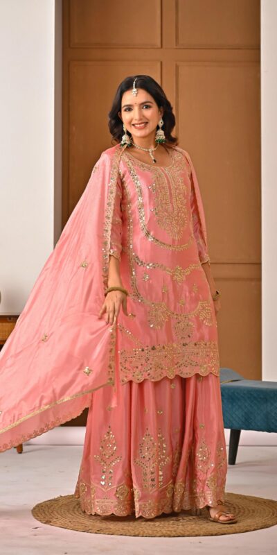 Peach Chinon Silk Embroider Lace Work Salwar Suit | Jump Suits, Salwar suit, Casual Suits, Creative suits, Designer Suits, Palazzo Suits, Party Wear Suits, Patiala Suits, Straight Suits