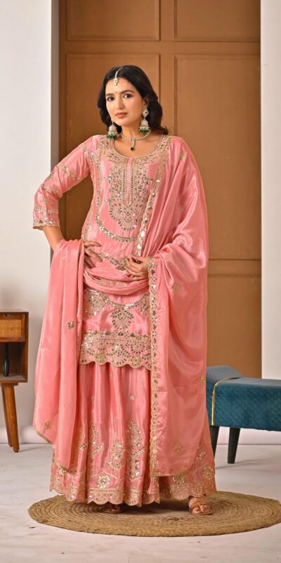 Peach Chinon Silk Embroider Lace Work Salwar Suit | Jump Suits, Salwar suit, Casual Suits, Creative suits, Designer Suits, Palazzo Suits, Party Wear Suits, Patiala Suits, Straight Suits