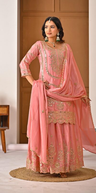 Peach Chinon Silk Embroider Lace Work Salwar Suit | Jump Suits, Salwar suit, Casual Suits, Creative suits, Designer Suits, Palazzo Suits, Party Wear Suits, Patiala Suits, Straight Suits