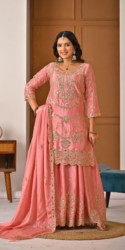 Peach Chinon Silk Embroider Lace Work Salwar Suit | Jump Suits, Salwar suit, Casual Suits, Creative suits, Designer Suits, Palazzo Suits, Party Wear Suits, Patiala Suits, Straight Suits