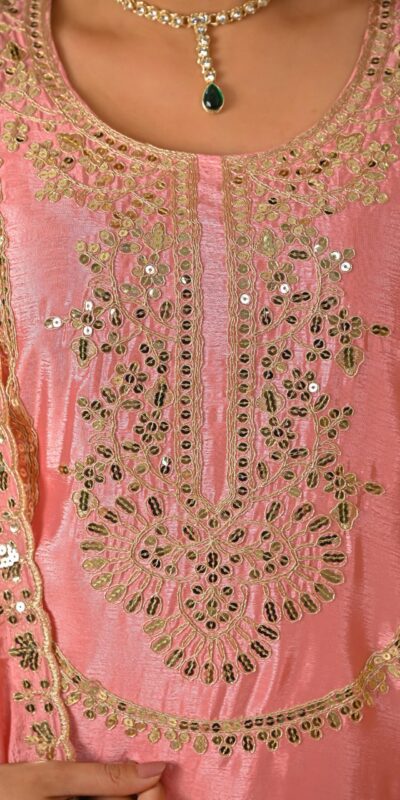 Peach Chinon Silk Embroider Lace Work Salwar Suit | Jump Suits, Salwar suit, Casual Suits, Creative suits, Designer Suits, Palazzo Suits, Party Wear Suits, Patiala Suits, Straight Suits
