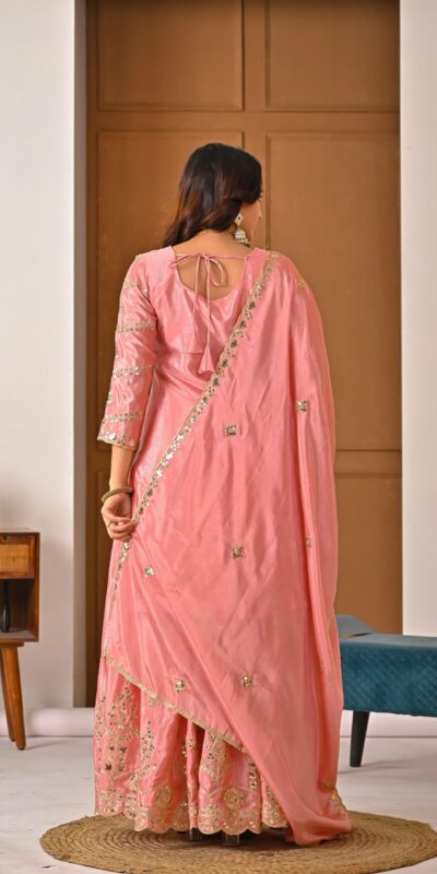 Peach Chinon Silk Embroider Lace Work Salwar Suit | Jump Suits, Salwar suit, Casual Suits, Creative suits, Designer Suits, Palazzo Suits, Party Wear Suits, Patiala Suits, Straight Suits