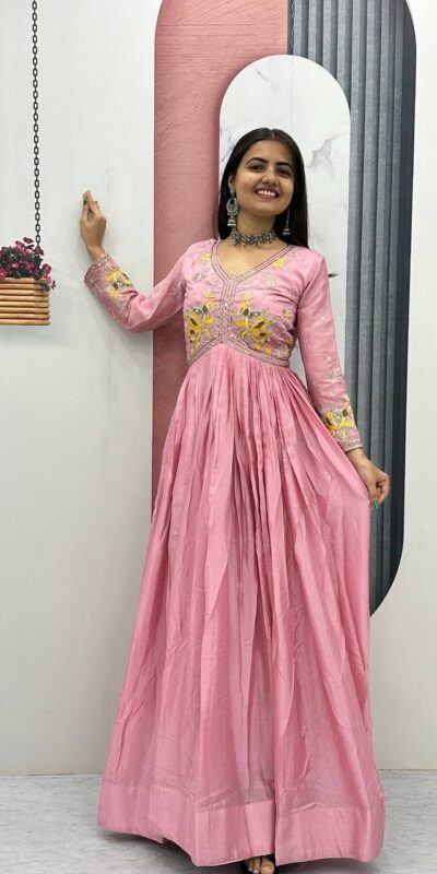 Peach Chinon Thread Embroidery Work Gown | Gowns, Bollywood Gowns, Creative Gowns, Designer Gowns, Embroidered Gowns, Party Wear Gowns
