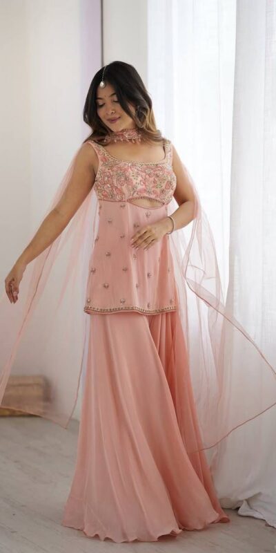 Peach Georgette Lace Work Embroidery Salwar Suit | Jump Suits, Tops & Bottoms, Track Suits, Salwar suit, Casual Suits, Creative suits, Designer Suits, Palazzo Suits, Party Wear Suits, Patiala Suits, Straight Suits, Trendy Wear