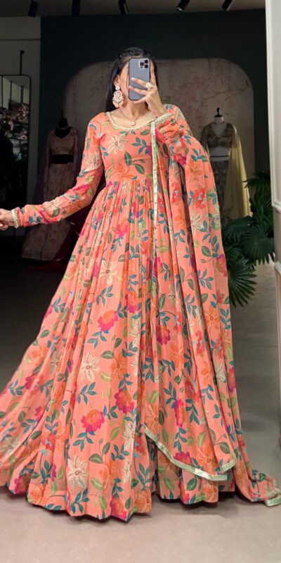 Peach Georgette Printed Gown | Gowns, Bollywood Gowns, Creative Gowns, Designer Gowns, Embroidered Gowns, Party Wear Gowns