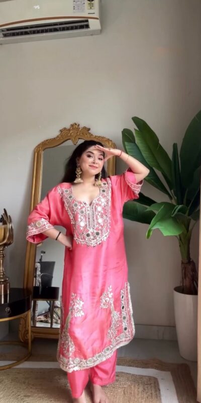 Peach Roman Silk Mirror Work Salwar Suit | Jump Suits, Tops & Bottoms, Track Suits, Salwar suit, Casual Suits, Creative suits, Designer Suits, Palazzo Suits, Party Wear Suits, Patiala Suits, Straight Suits, Trendy Wear