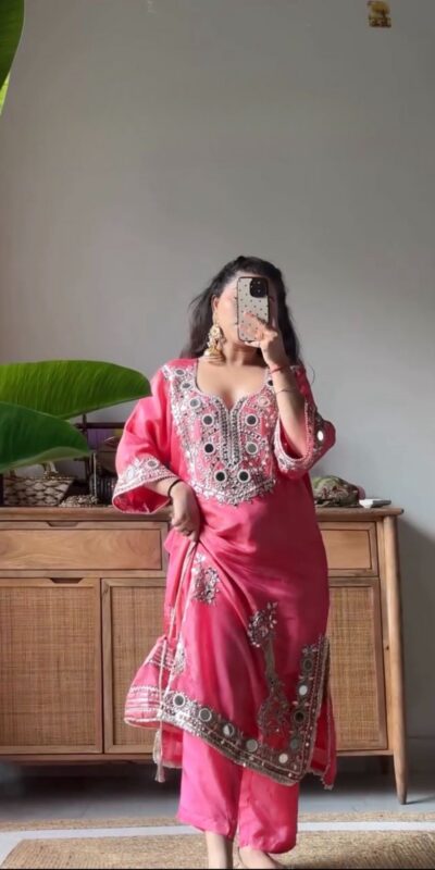 Peach Roman Silk Mirror Work Salwar Suit | Jump Suits, Tops & Bottoms, Track Suits, Salwar suit, Casual Suits, Creative suits, Designer Suits, Palazzo Suits, Party Wear Suits, Patiala Suits, Straight Suits, Trendy Wear